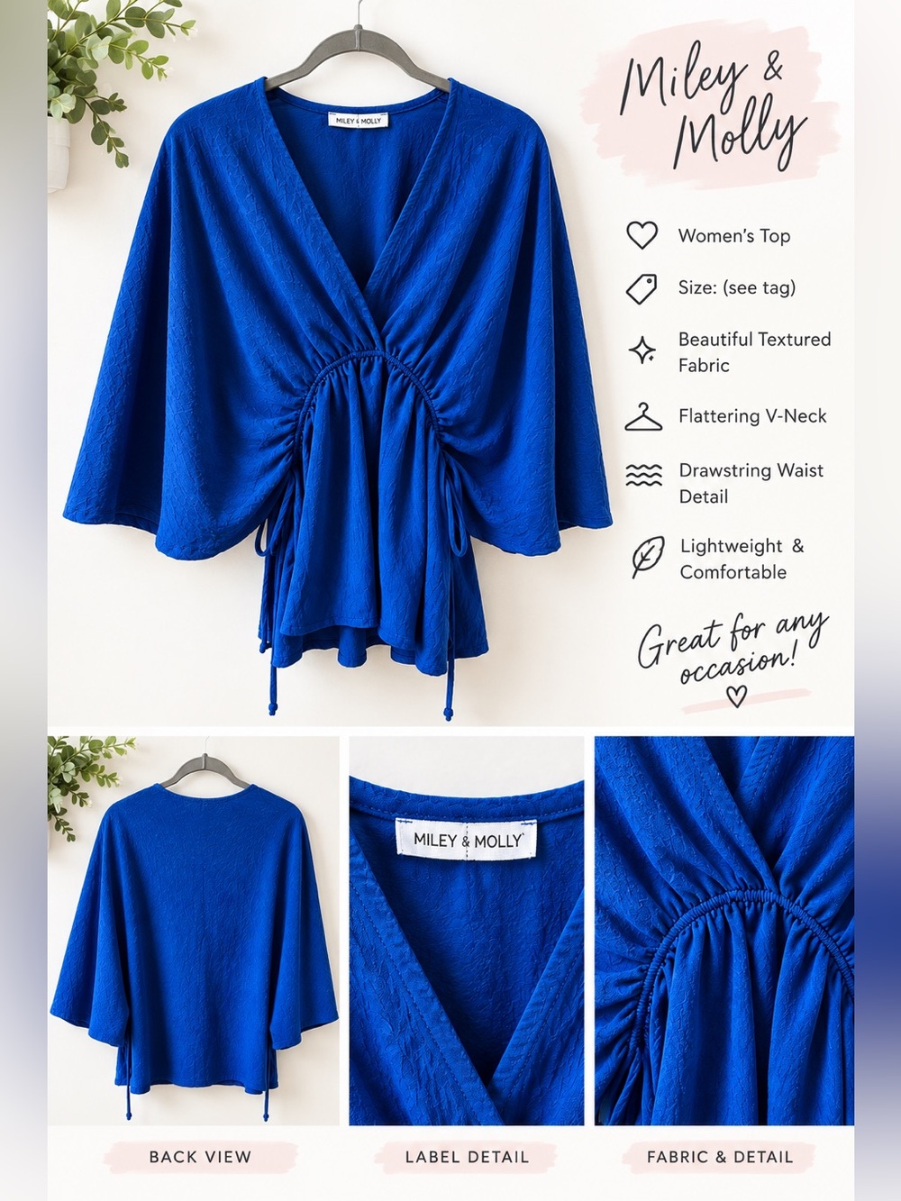 MILEY & MOLLY Royal Blue V-Neck Drawstring Blouse